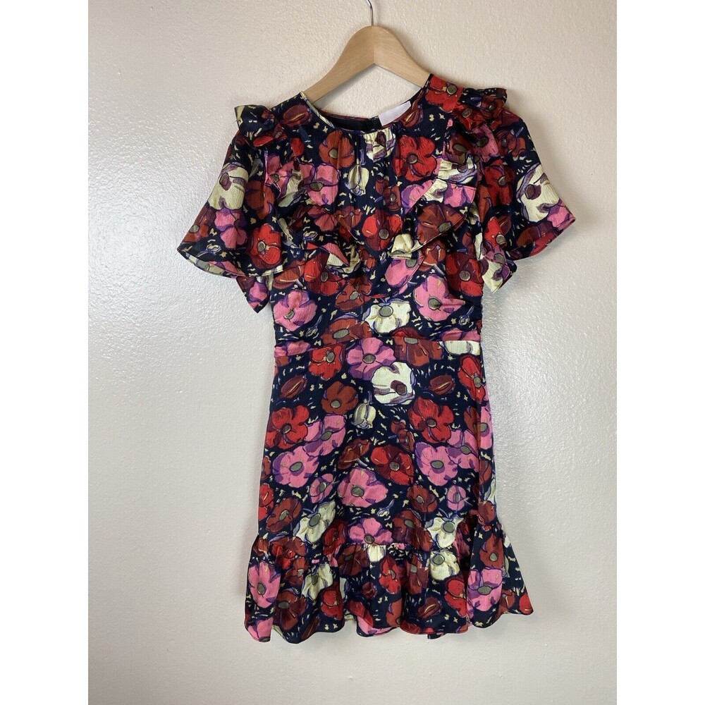 Cinq A Sept Fit & Flare Crystal Dress 0 Floral Ruffle Neck Mini 100% Silk Garden